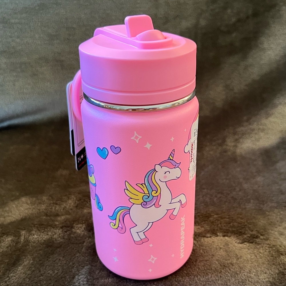NWT 14 oz Hydrapeak Pink Rainbows & Unicorns Water Bottle